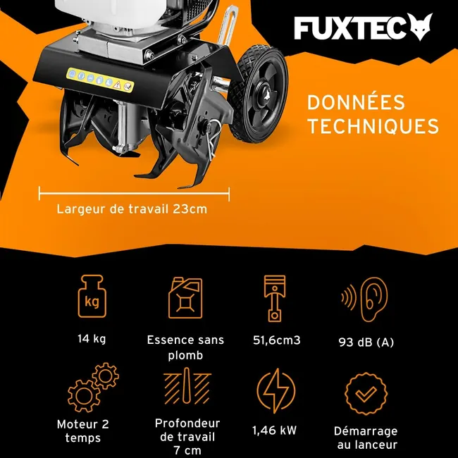 FUXTEC FX-AF152 Fraiseuse agricole, motoculteur - moteur 2 temps et largeur 23 cm, 51,6 ccm, profondeur de fraisage 70mm - seulement 14kg - Miniature 3